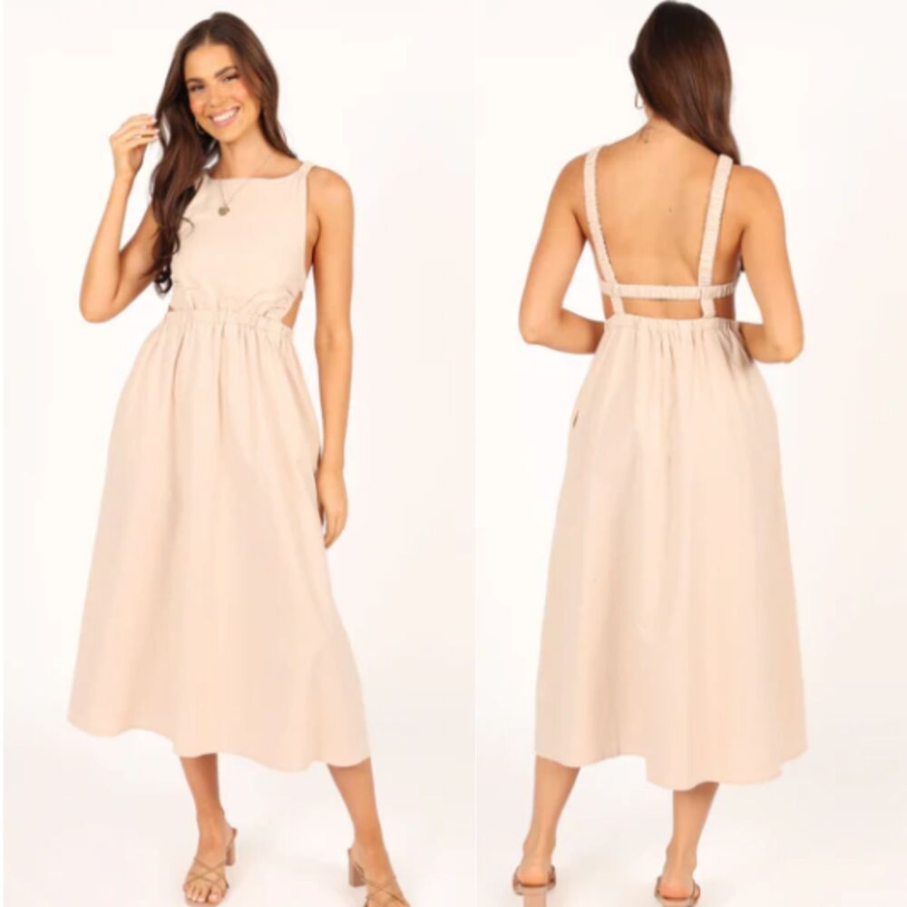 NEW Petal and Pup Aubrey Cutout Midi Dress Size L Beige Bohemian Minimalist